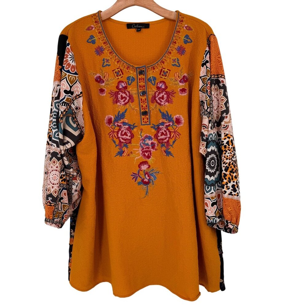 Caleaoa Womens size  2X Floral Embroidered Boho Tunic Top Patterned Panels